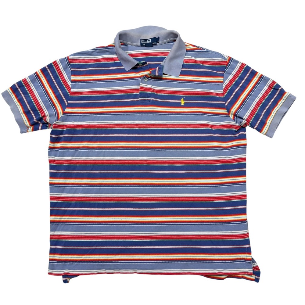 Vtg Polo Ralph Lauren Mens XXL Striped Polo Shirt Blue Red Yellow Cotton Pique